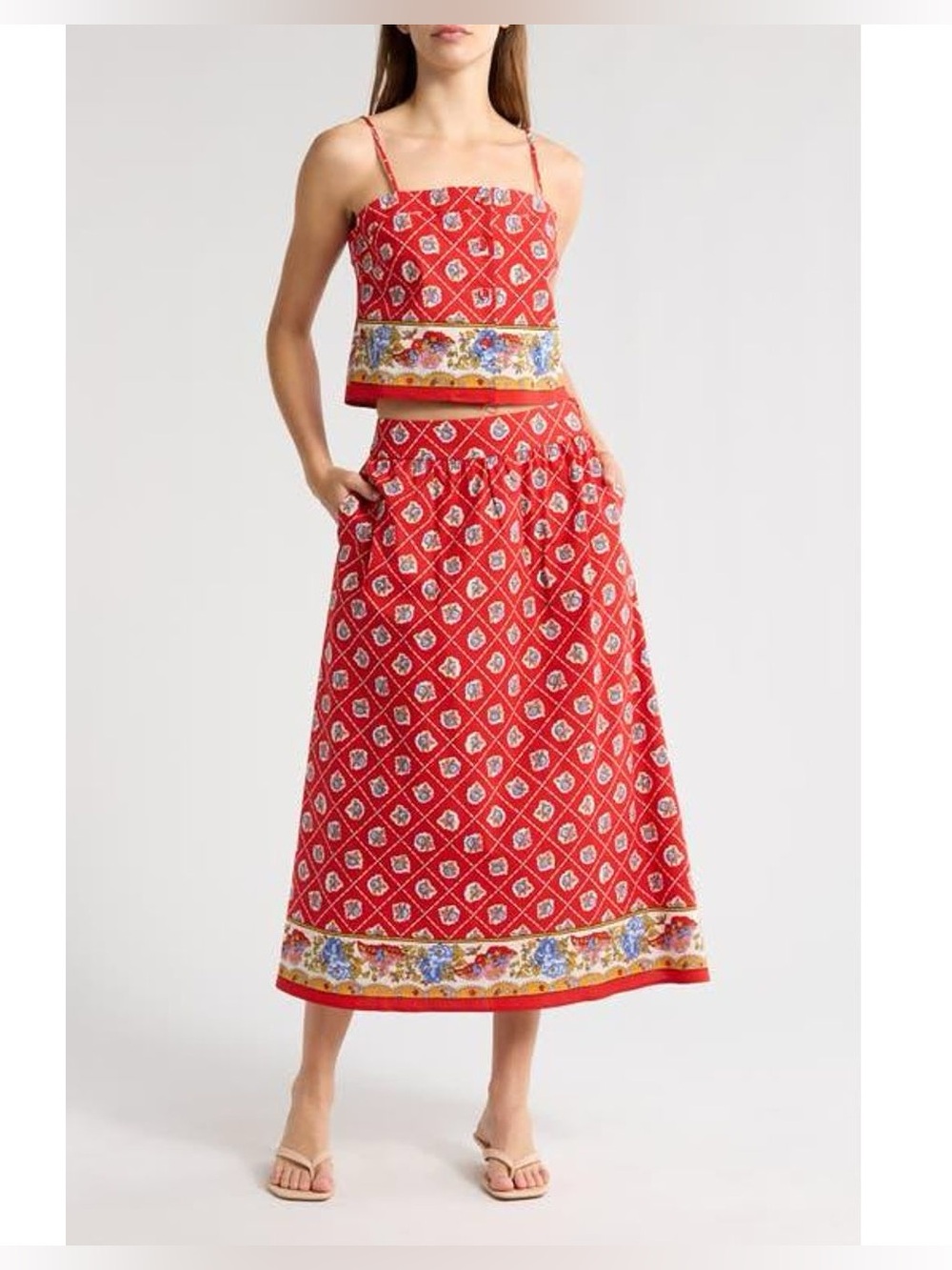 Wayf Red Cotton Floral Skirt and Tank Set